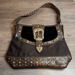 Western Fur Studded Brown Leather Shoulder Bag